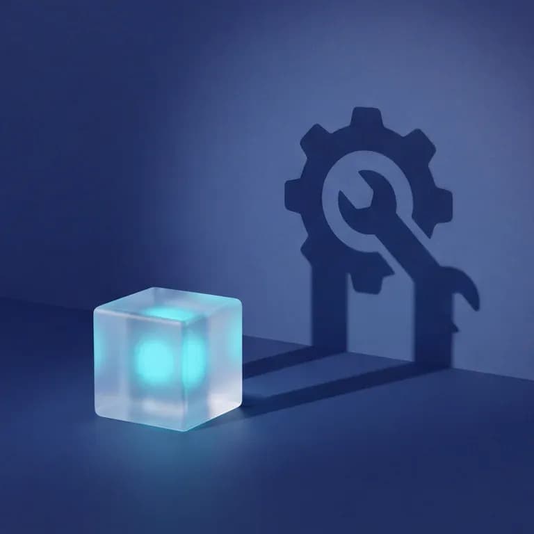 A glass cube and its shadow on the wall: the shadow is not a cube but a gear and a wrench
